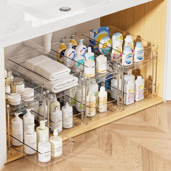New 4-Pack 2-Tier Bathroom Organizer Clear Under Sink & Cabinet Storage Bins